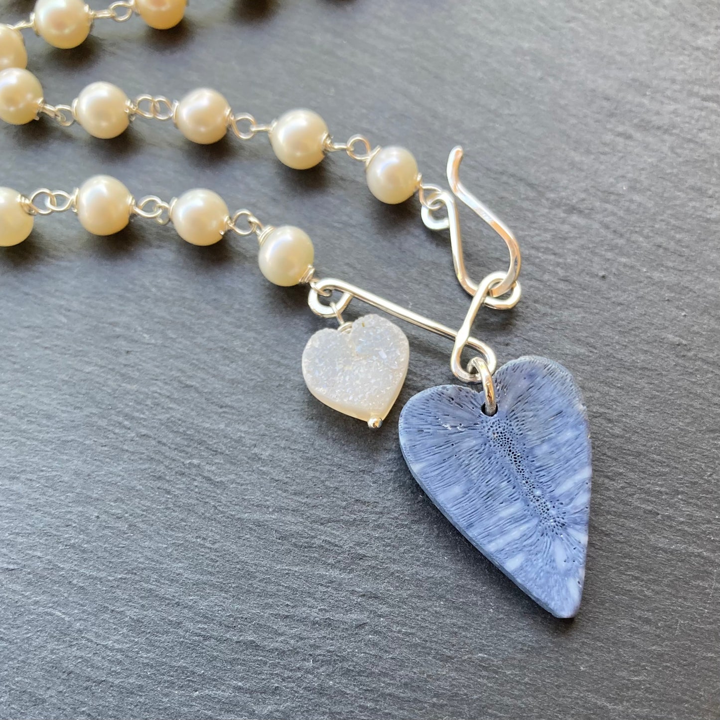 Freshwater Pearl, Sterling Silver & Blue Coral Heart Pendant Necklace