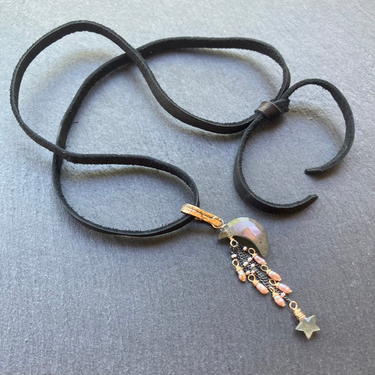 Labradorite, Mauve Pearl & Mixed Metal Falling Star Deerskin Leather Choker