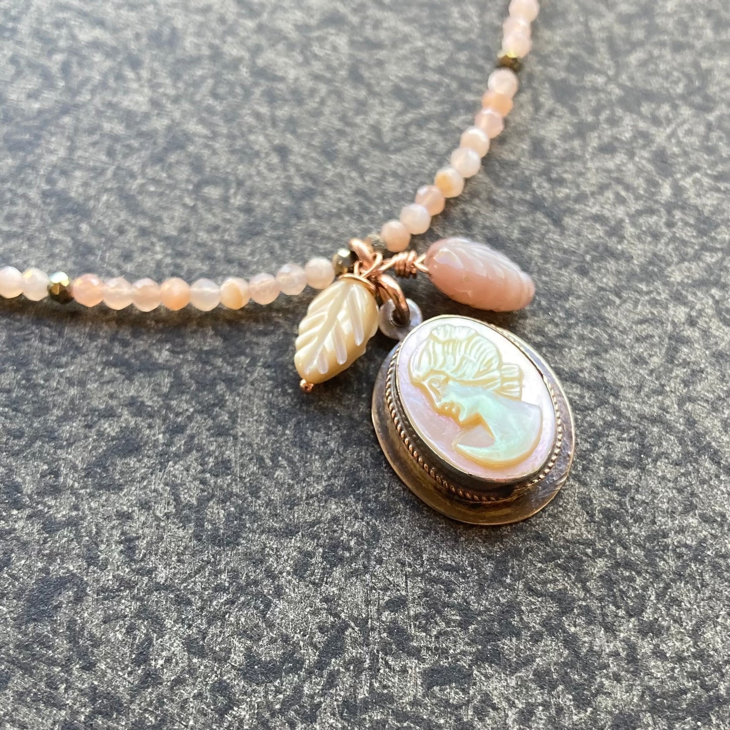 Peach Moonstone & Vintage Mother of Pearl Cameo Pendant Necklace