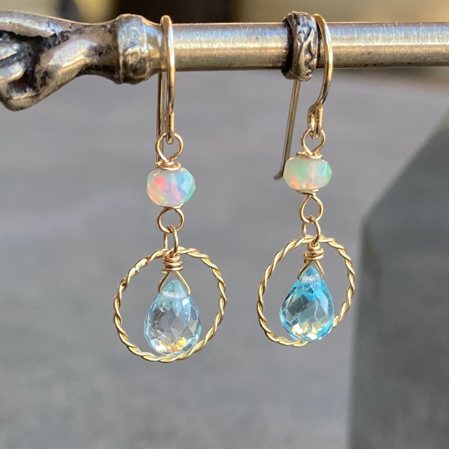 Blue Topaz, Ethiopian Opal & Gold Twisted Hoops