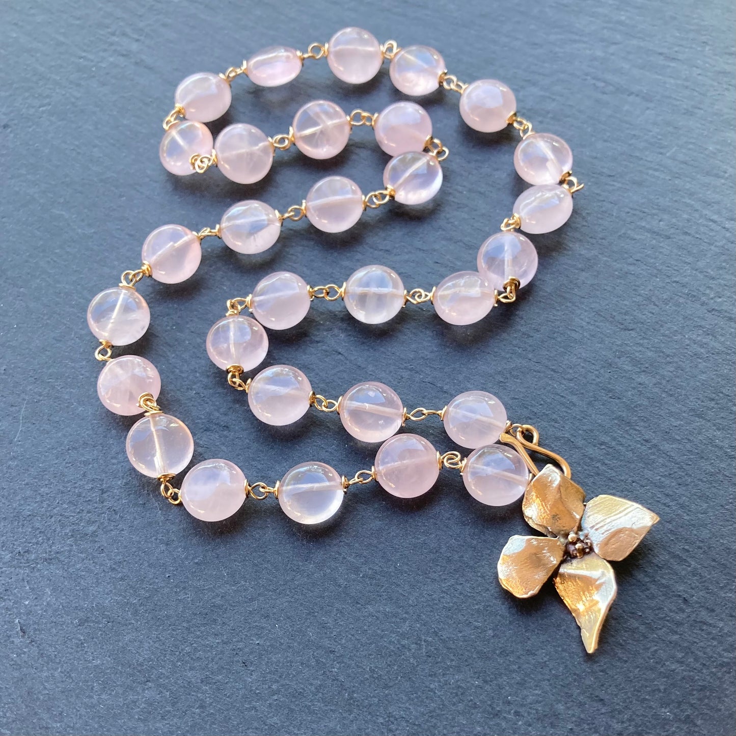 Rose Quartz, Gold & Bronze Evening Primrose Necklace