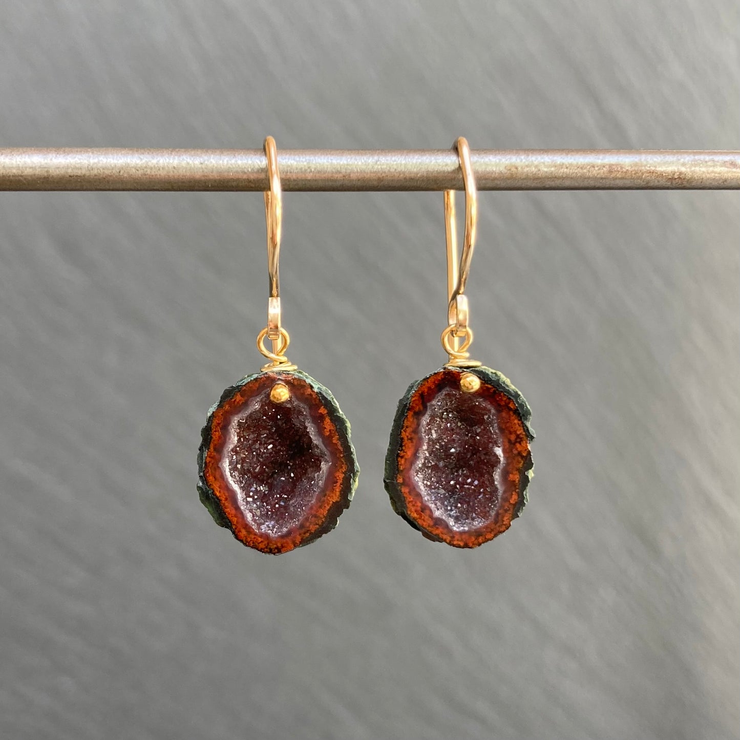Red Druzy Tabasco Geode & Gold Earrings