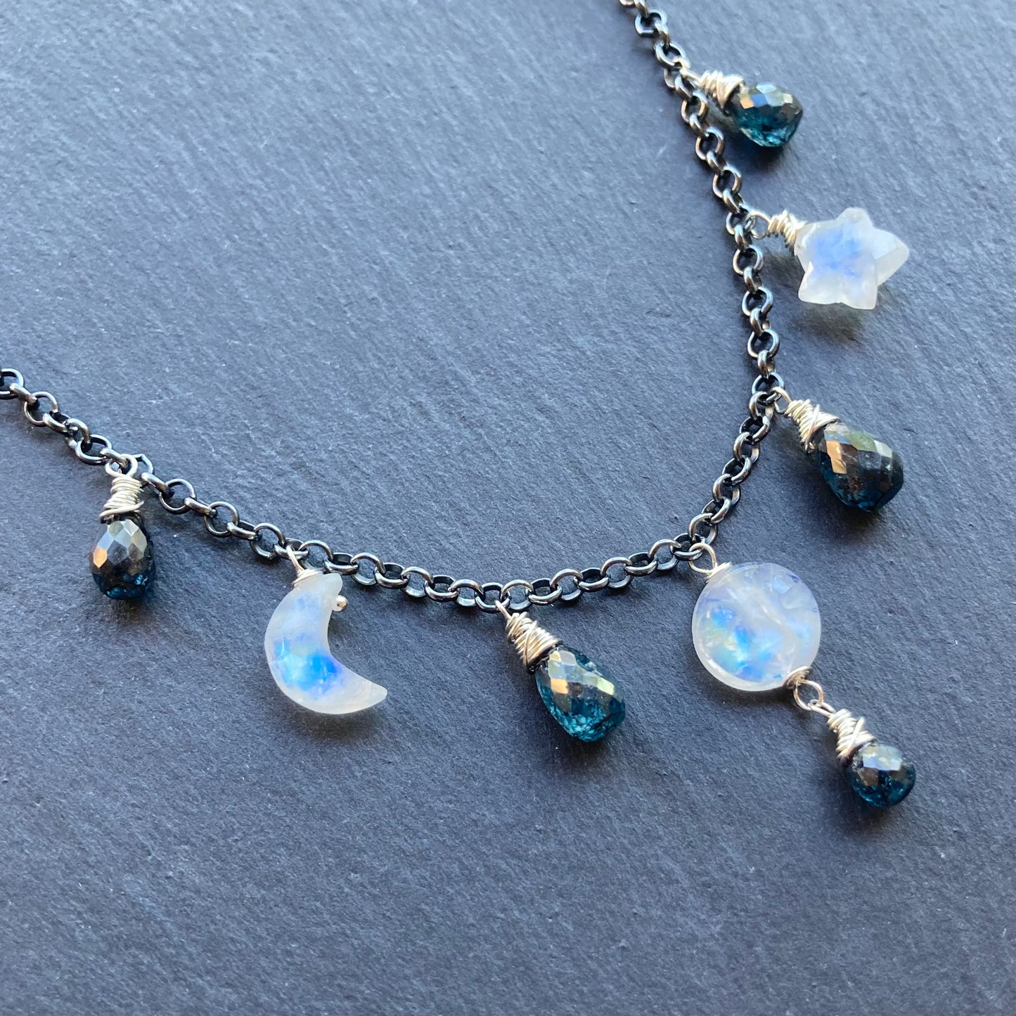 Rainbow Moonstone, Moss Kyanite & Sterling Silver Winter Solstice Charm Choker