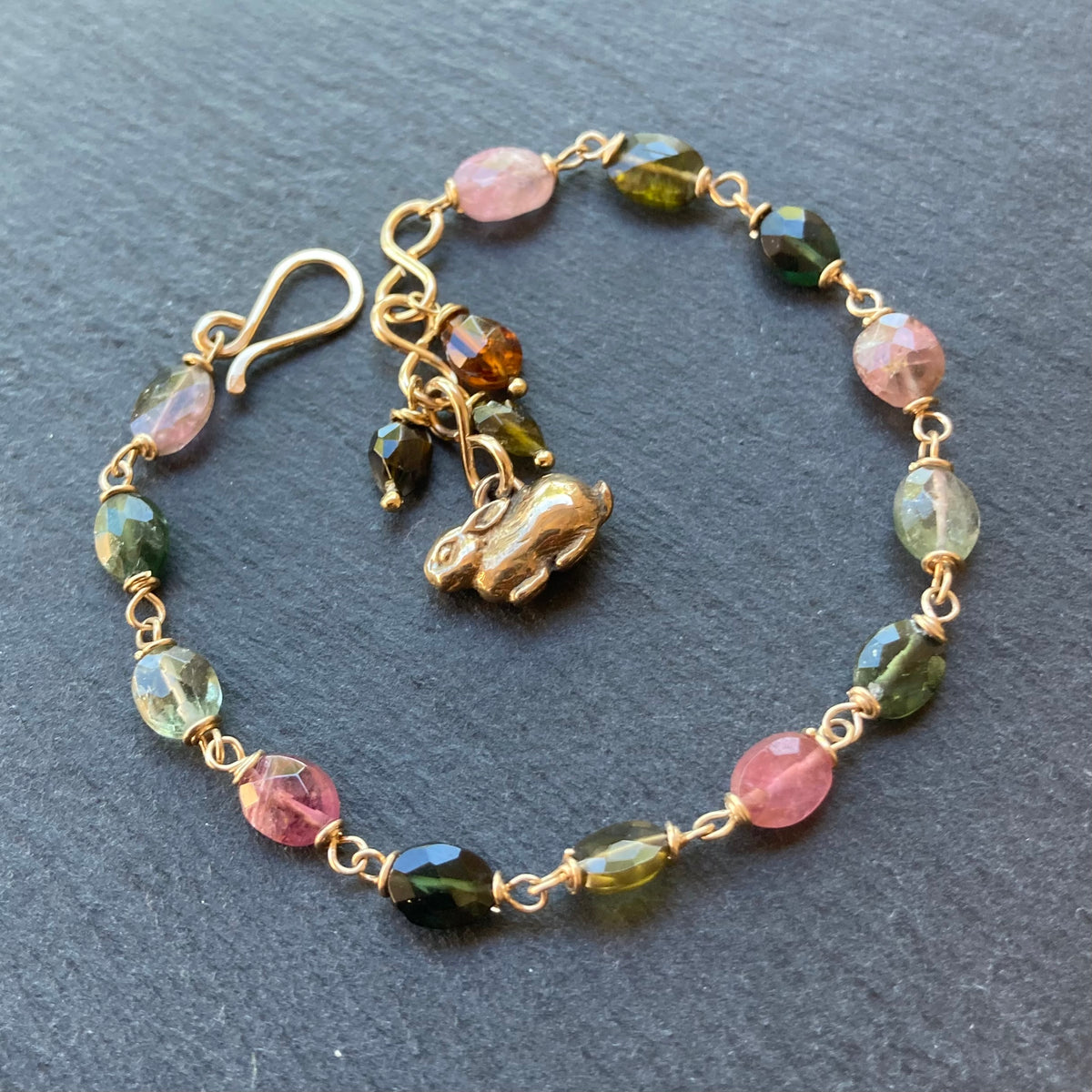 Tourmaline, Gold & Bronze Bunny Charm Bracelet