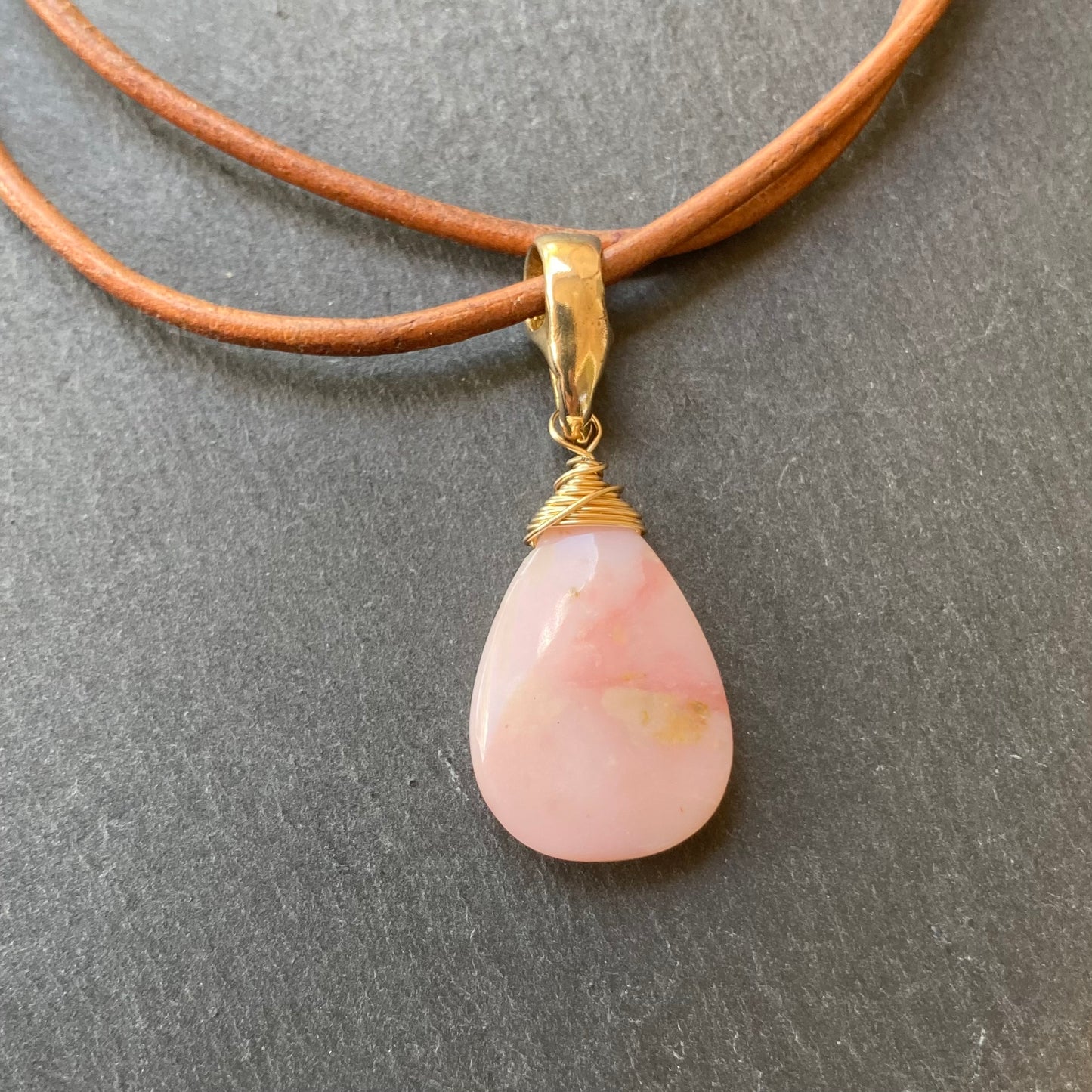 Pink Opal & Bronze Leather Choker