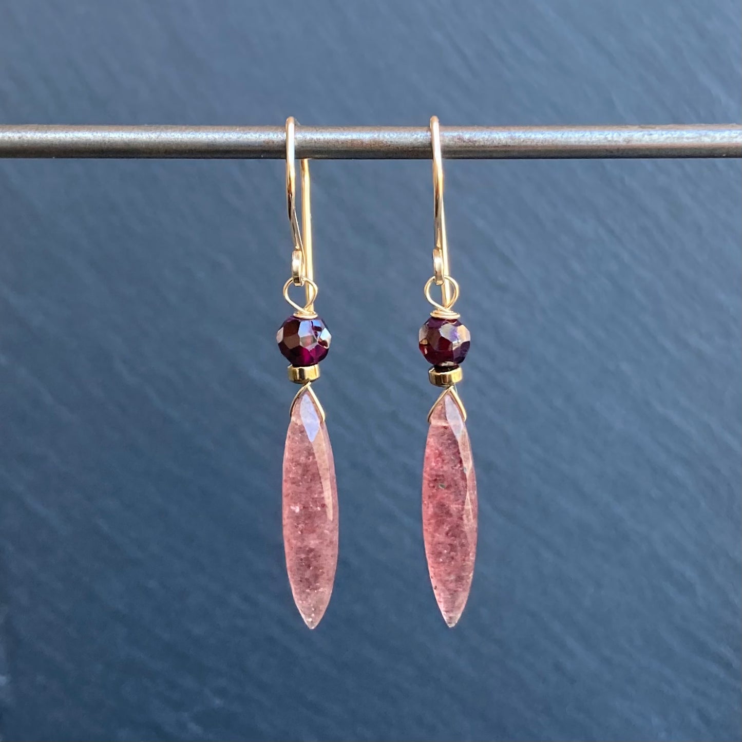 Strawberry Quartz, Rhodolite Garnet & Gold Earrings