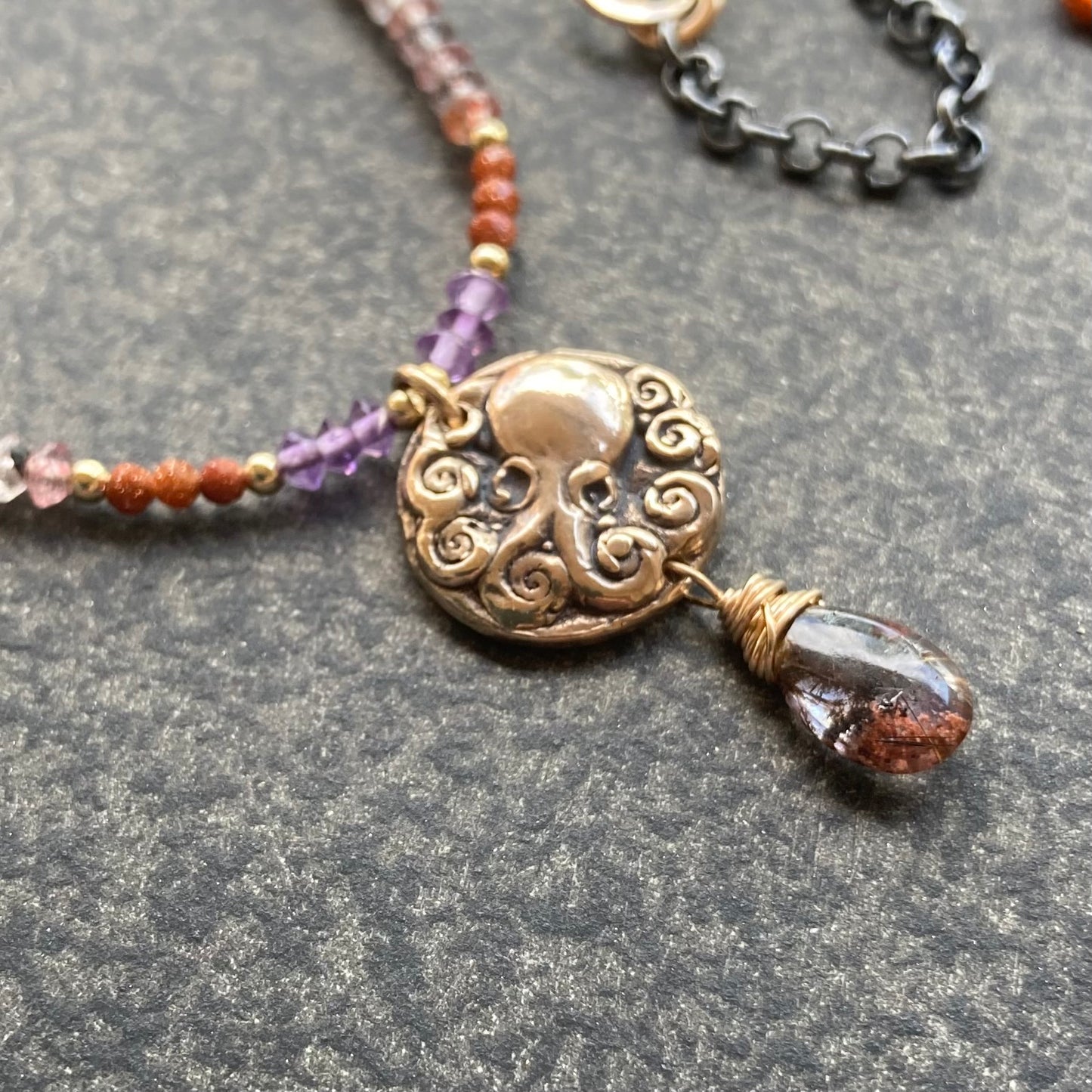 Cacoxenite, Amethyst & Mixed Metal Kraken Coin Necklace