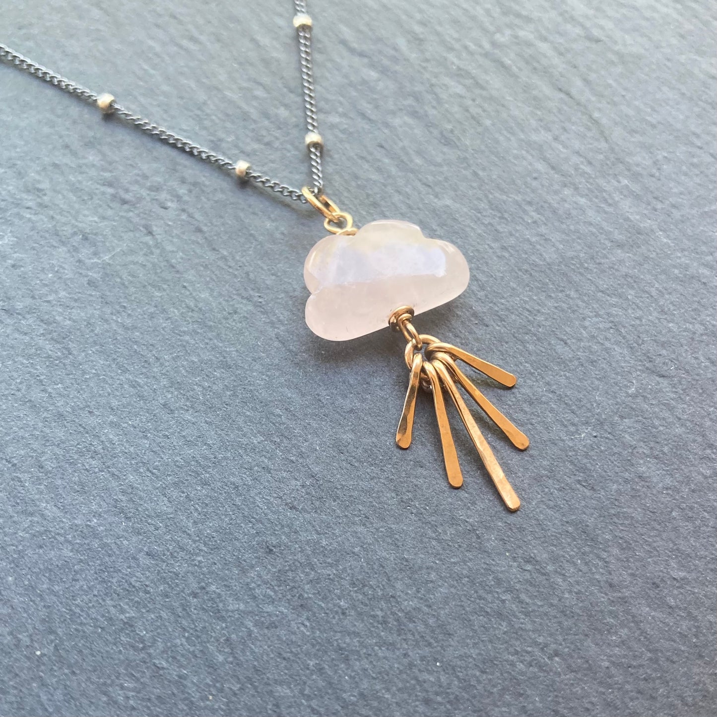 Rose Quartz & Mixed Metal Sunset Fringe Pendant Necklace