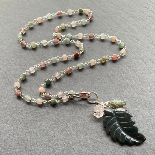Yanyuan Agate, Sterling Silver & Indian Agate Winter Leaf Charm Necklace