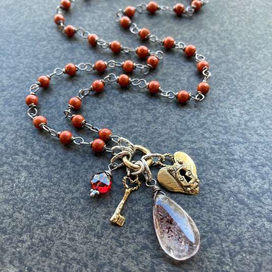 Red Jasper & Mixed Metal Key to My Heart Charm Necklace