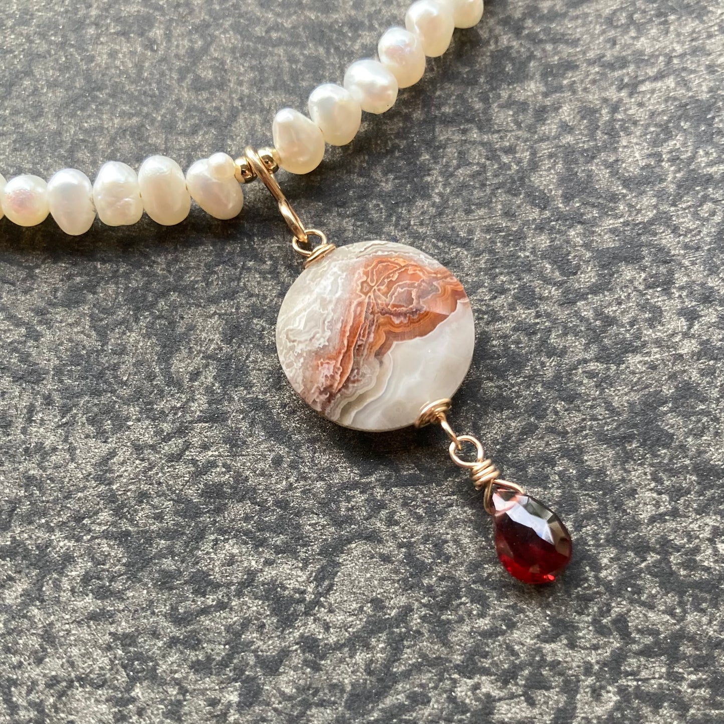 Crazy Lace Agate, Mozambique Garnet & Freshwater Pearl Necklace