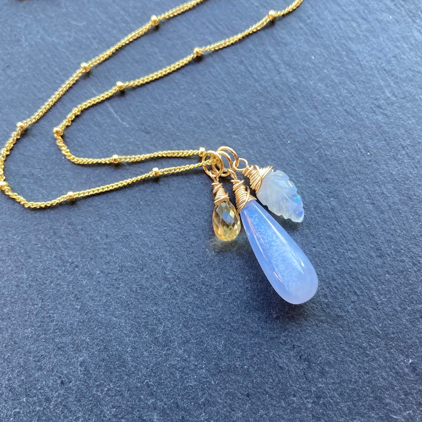 Blue Lace Agate, Rainbow Moonstone, Citrine & Gold Charm Necklace