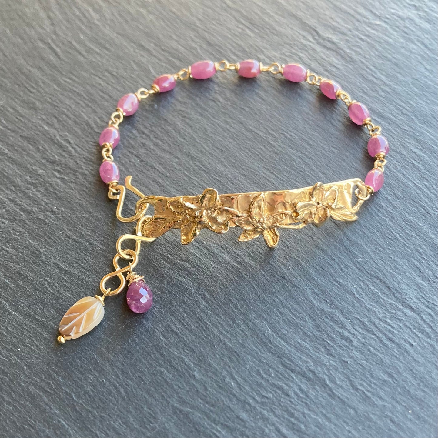 Natural Ruby, Gold & Bronze Floral Link Bracelet