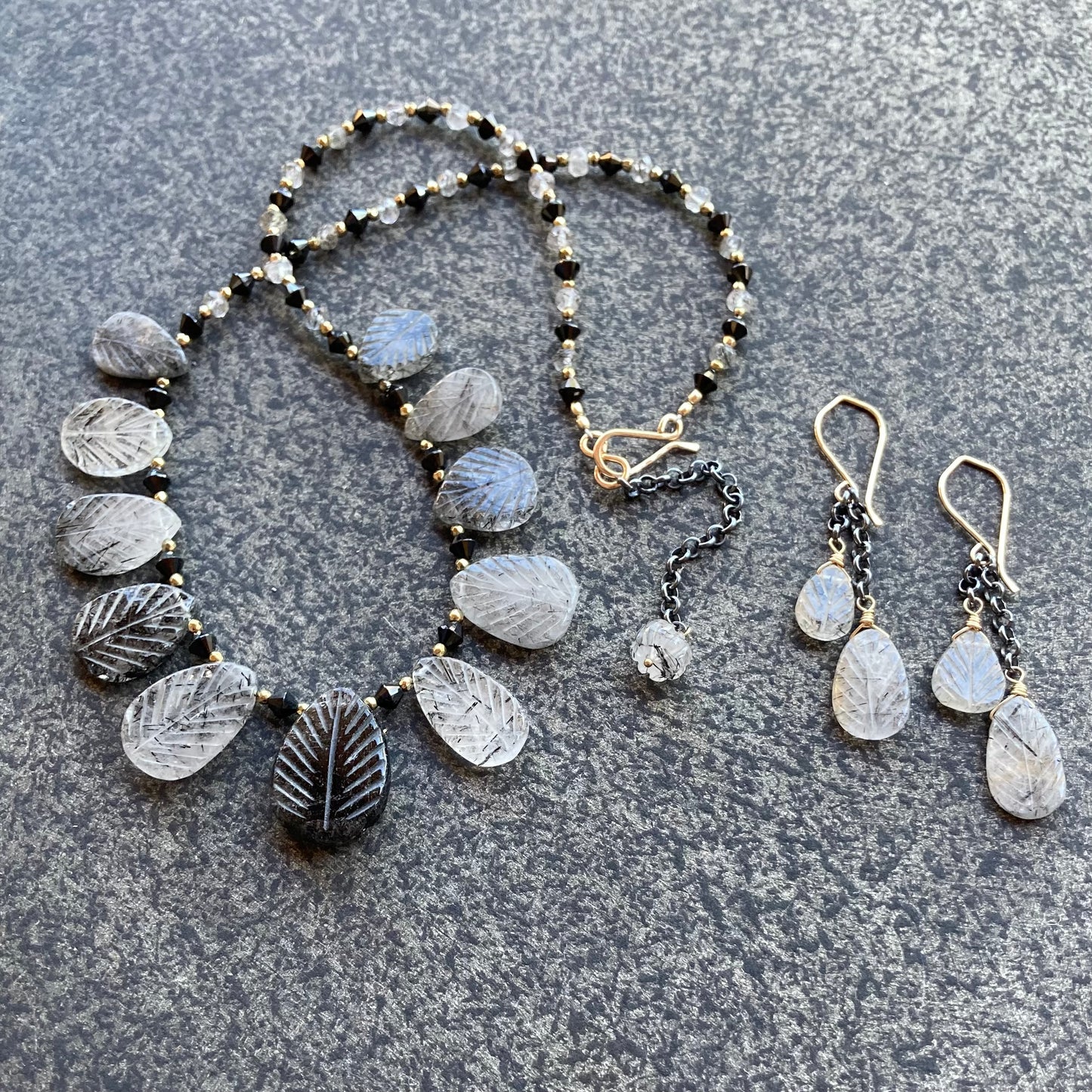 Black Rutilated Quartz & Mixed Metal Tassel Earrings