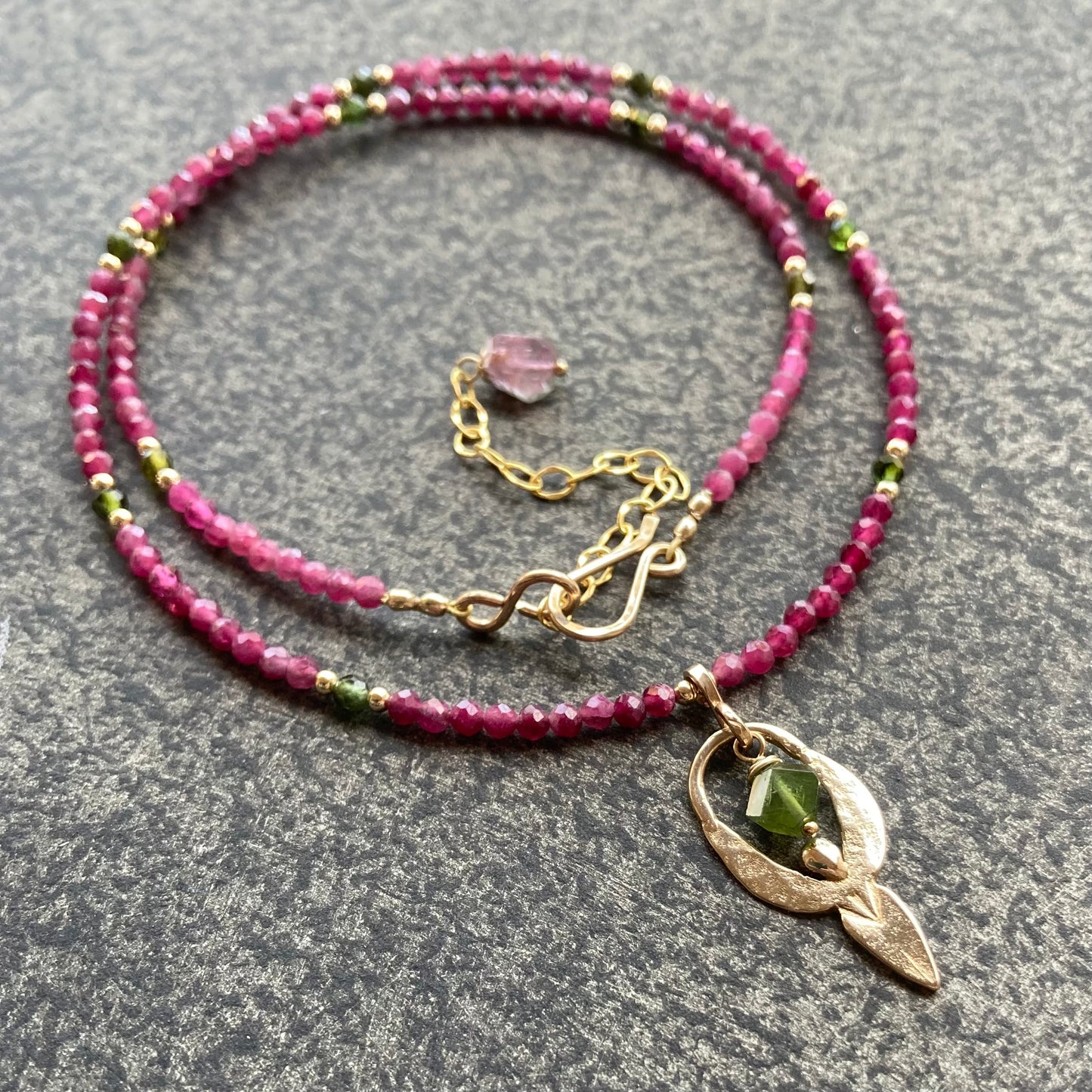 Watermelon Tourmaline, Gold & Bronze Goddess Pendant Choker