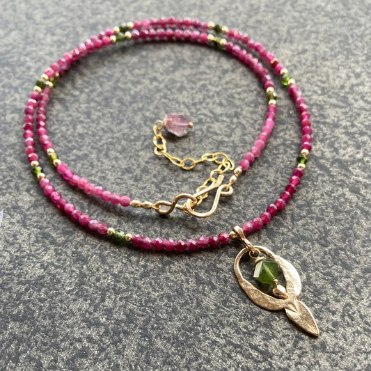 Watermelon Tourmaline, Gold & Bronze Goddess Pendant Choker