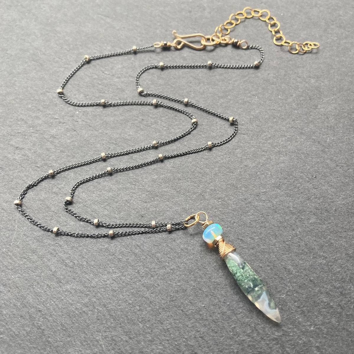 Moss Agate, Ethiopian Opal & Mixed Metal Pendant Necklace