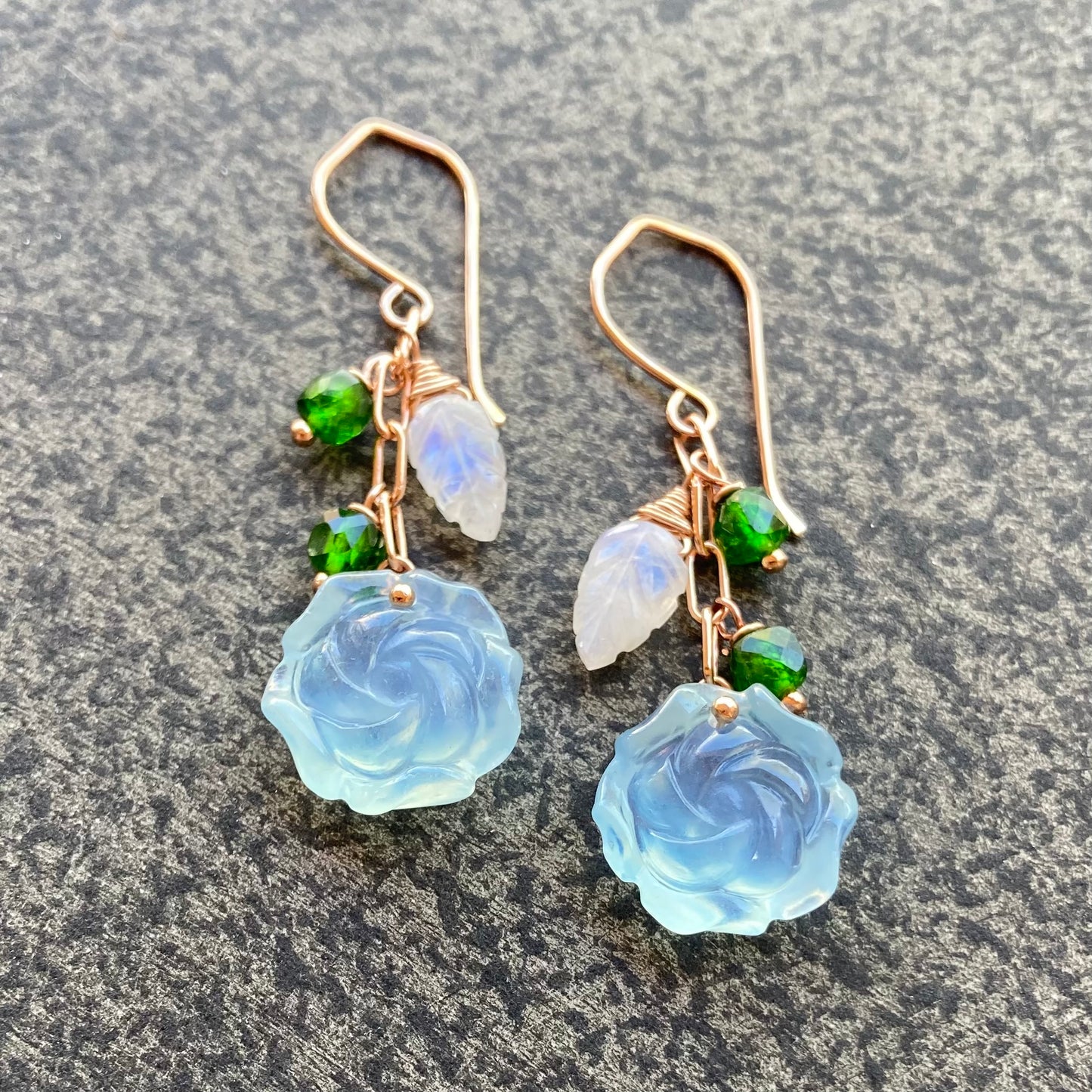 Aquamarine, Chrome Diopside, Rainbow Moonstone & Rose Gold Cascade Earrings