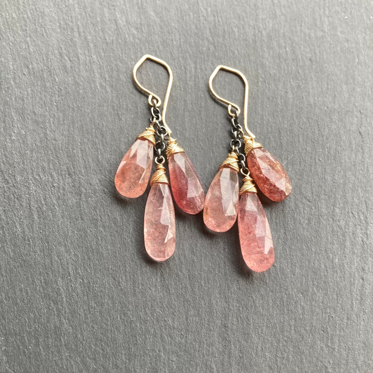 Strawberry Quartz & Mixed Metal Cascade Earrings