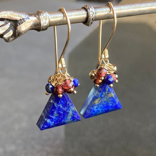 Lapis, Mozambique Garnet, Pyrite & Gold Triangle Cluster Earrings