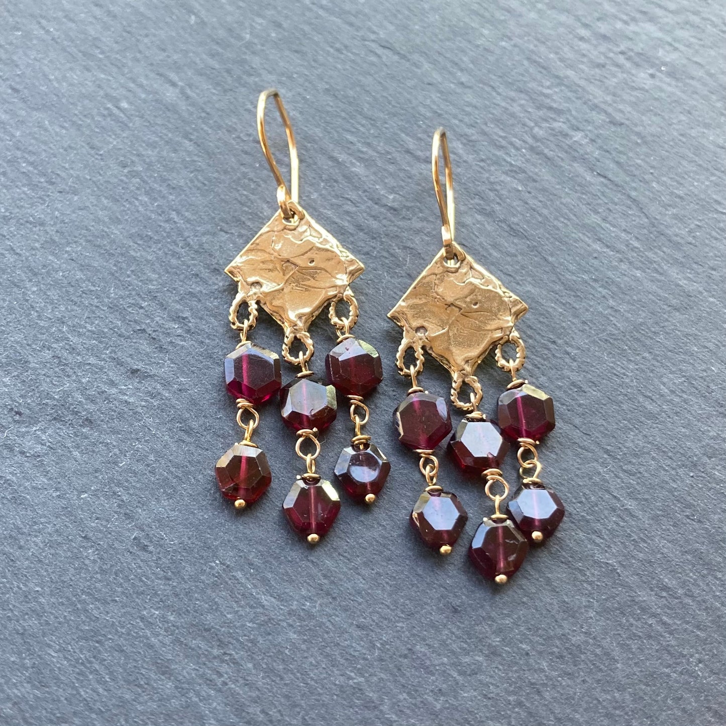 Rhodolite Garnet, Gold & Bronze Fringe Earrings