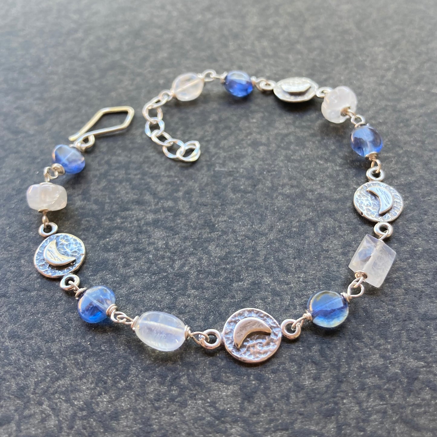 Rainbow Moonstone, Blue Kyanite & Sterling Silver Moon Link Bracelet