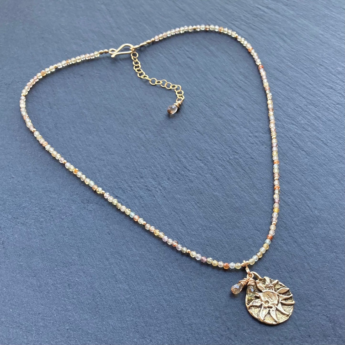 Natural Zircon, Gold & Bronze Sun Coin Choker
