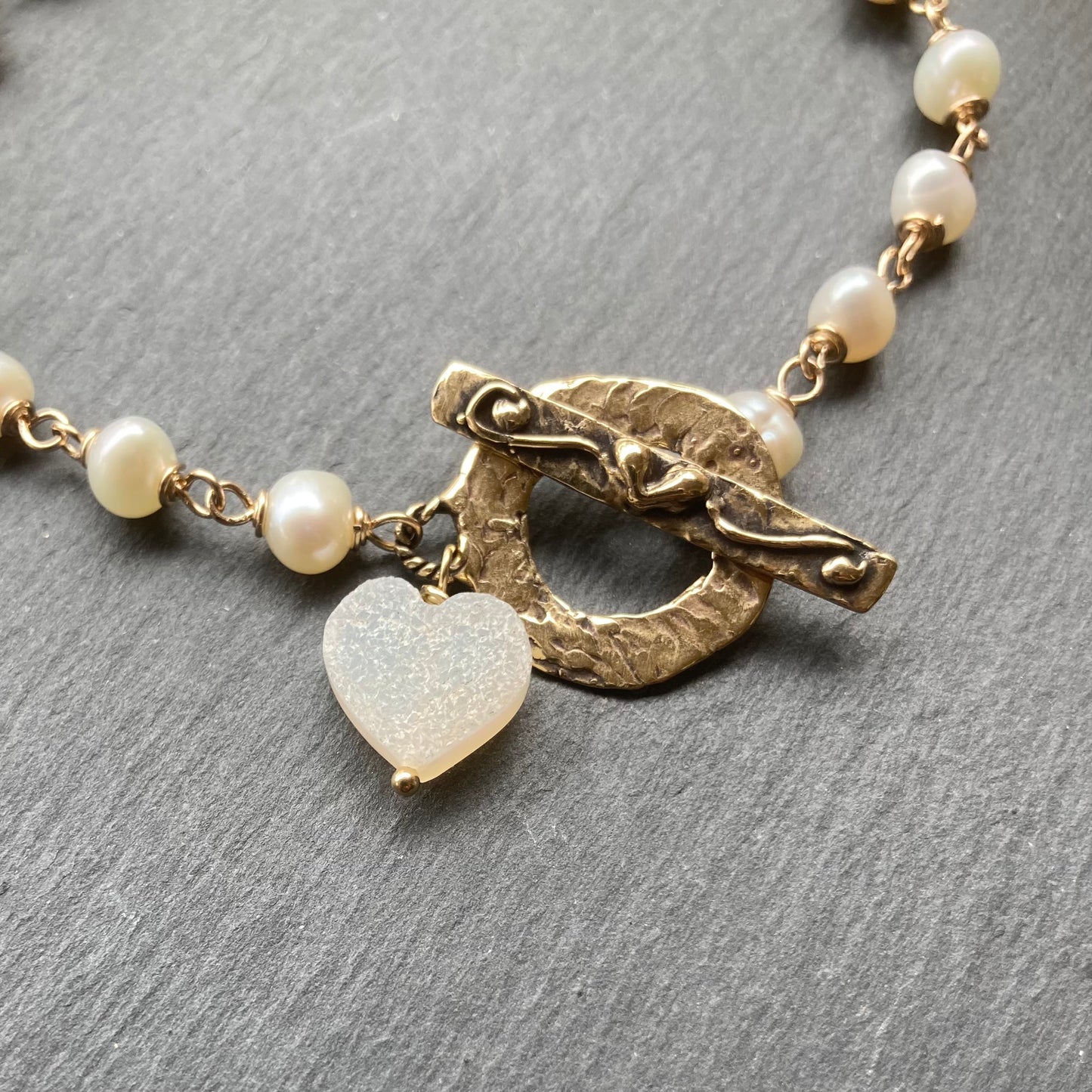 Freshwater Pearl, Gold & Bronze Heart Toggle Bracelet