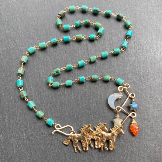 Turquoise, Gold & Bronze Wild Horses Necklace