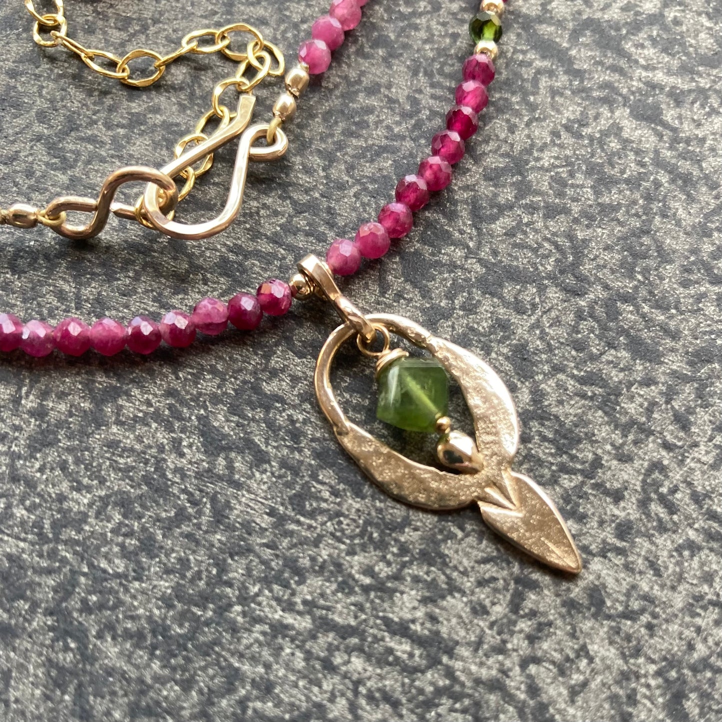 Watermelon Tourmaline, Gold & Bronze Goddess Pendant Choker