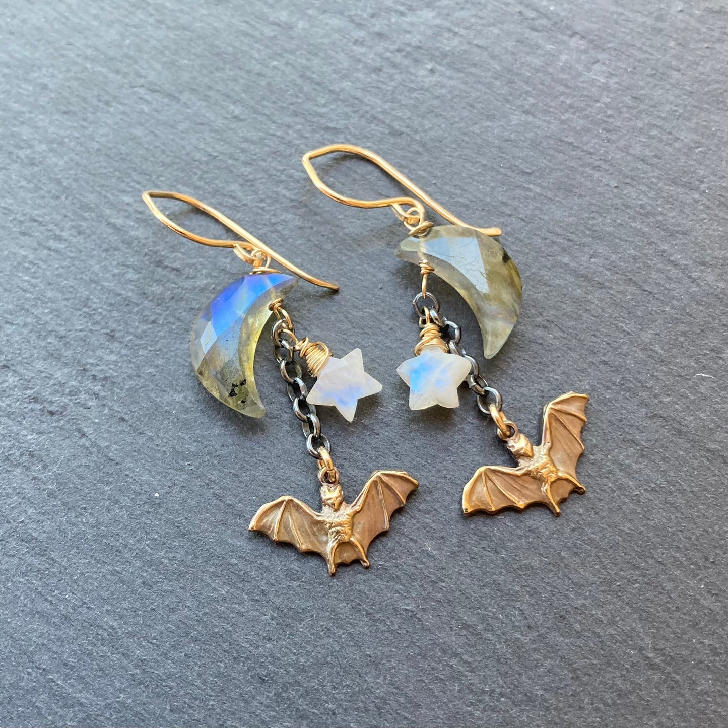 Custom Labradorite, Rainbow Moonstone & Mixed Metal Bat Moon Earrings