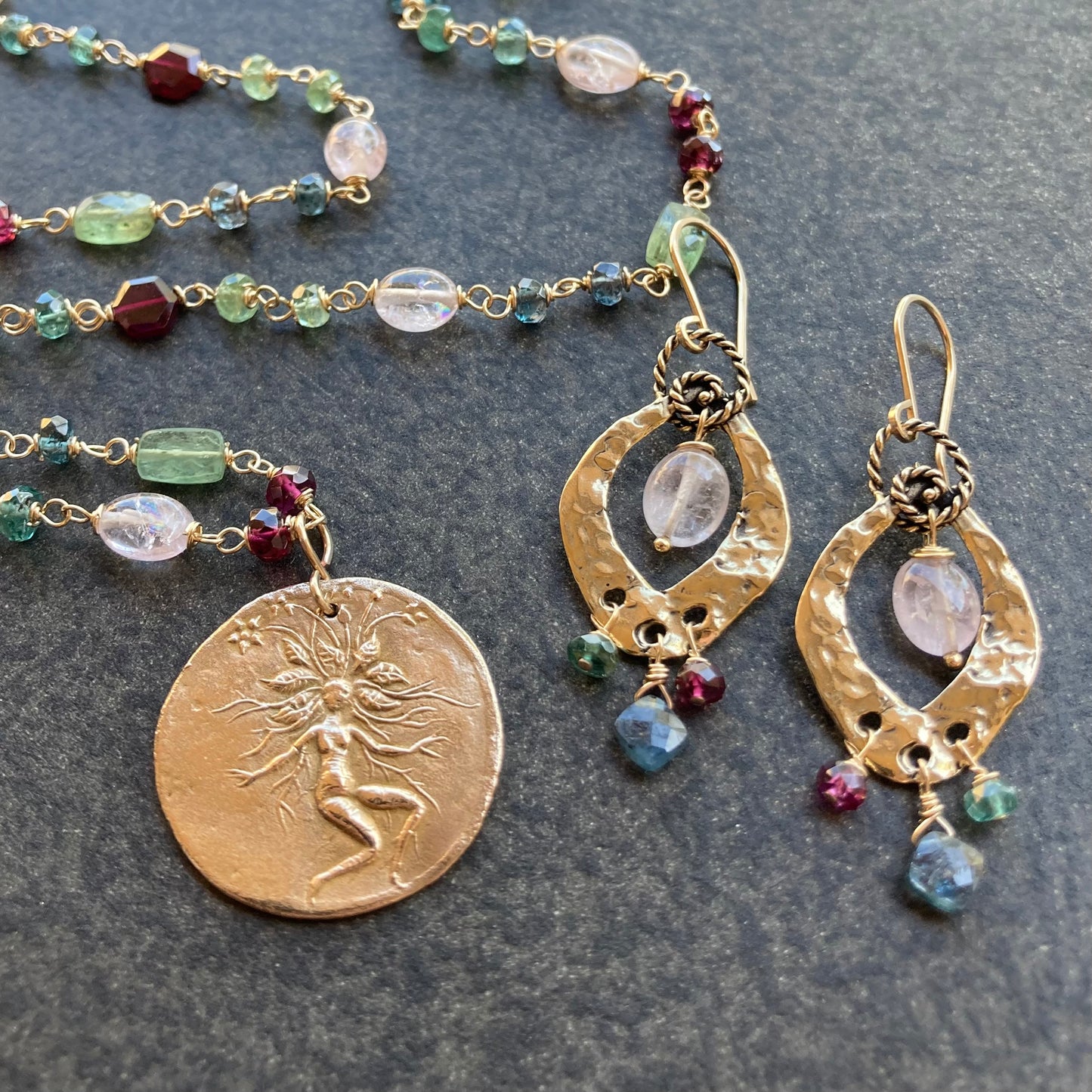 Multi Gemstone, Gold & Bronze Magical Mandrake Coin Necklace