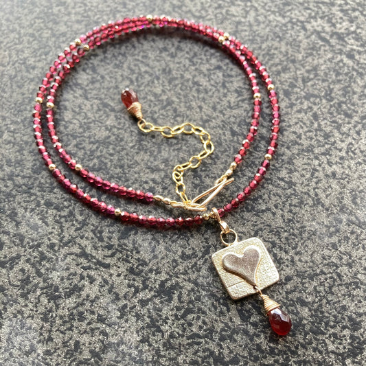 Mozambique Garnet, Gold & Bronze Heart Pendant Choker