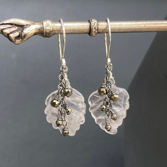 Rose Quartz, Pyrite & Sterling Silver Winter Leaf Earrings