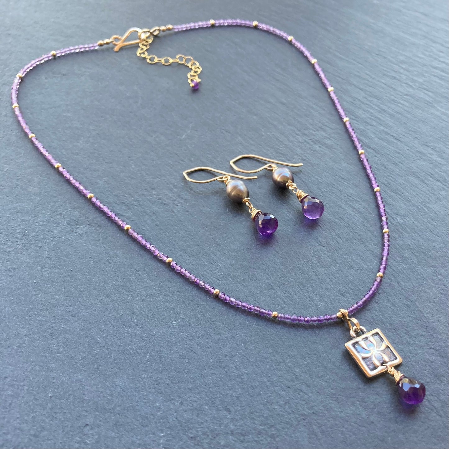 Amethyst, Peacock Pearl & Gold Earrings