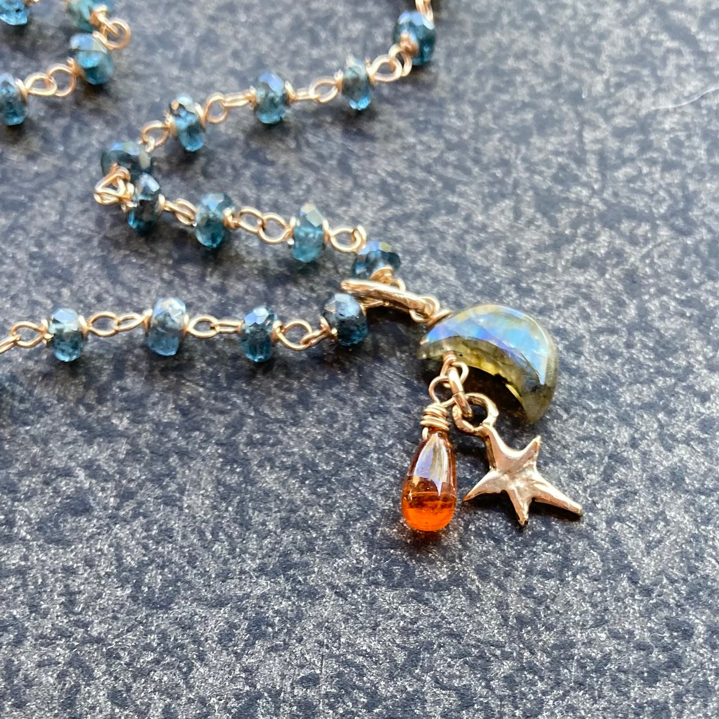 Moss Kyanite & Mixed Metal Moon Drop Necklace