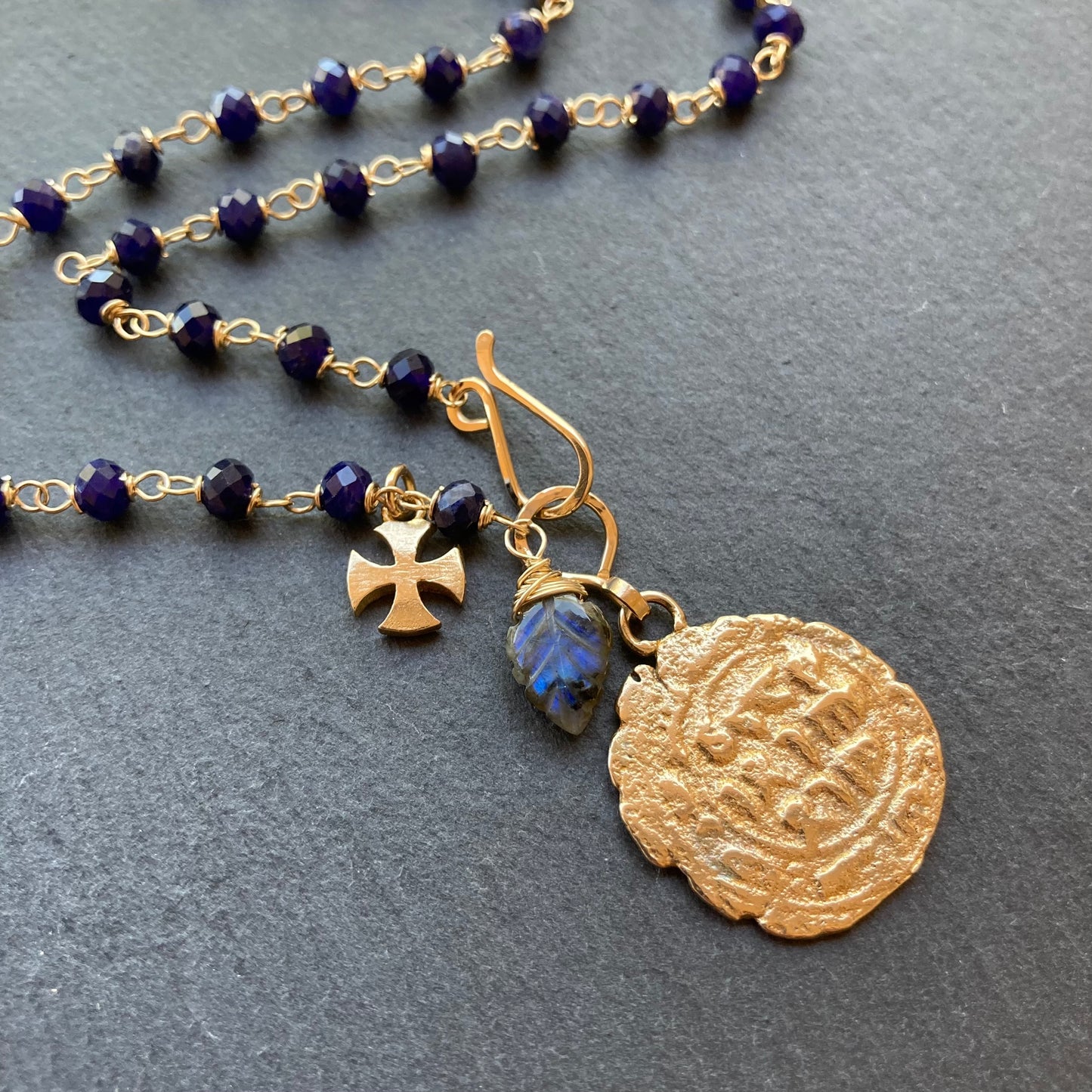 Sodalite, Gold & Bronze Medieval Coin Charm Necklace
