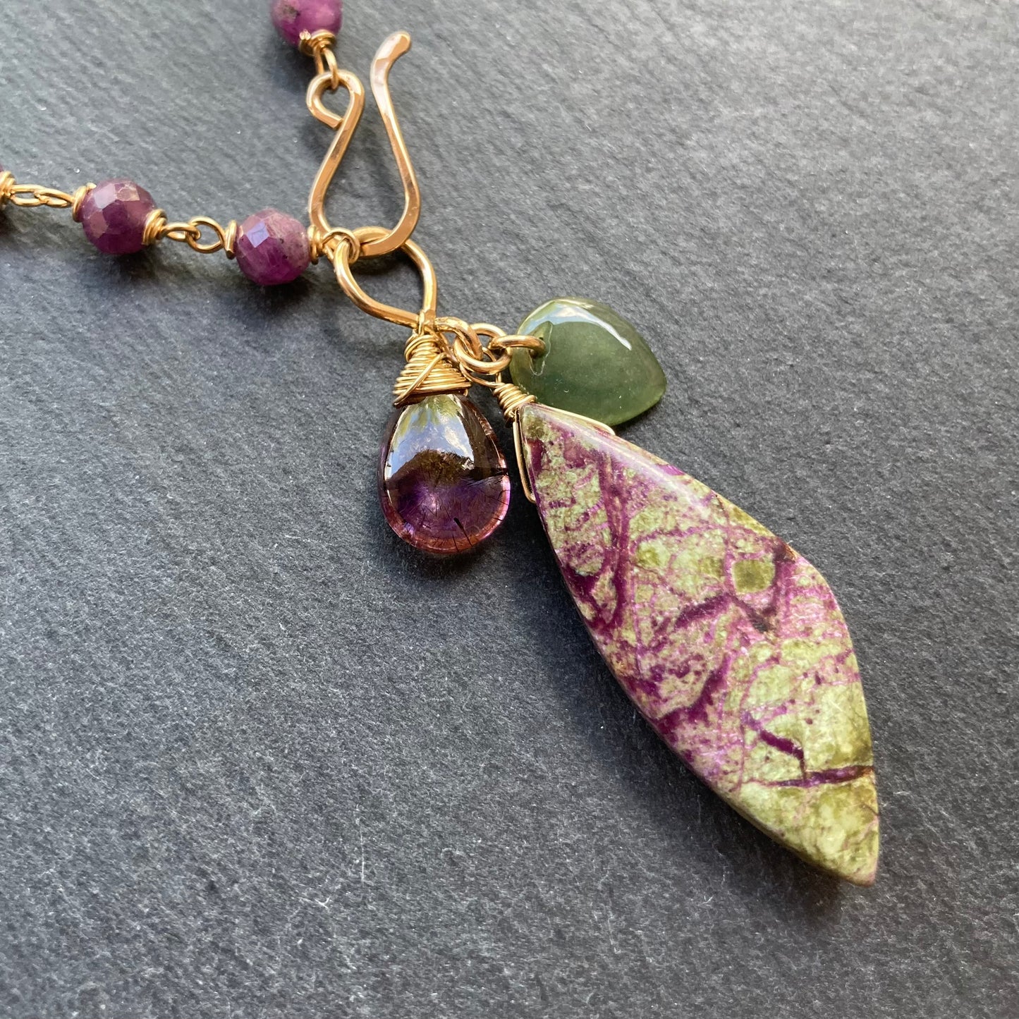Ruby & Gold Atlantisite Stichtite Pendant Necklace