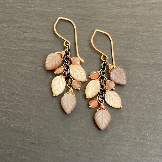 Chocolate Moonstone, Mother of Pearl & Mixed Metal Leaf Cascade Earrings