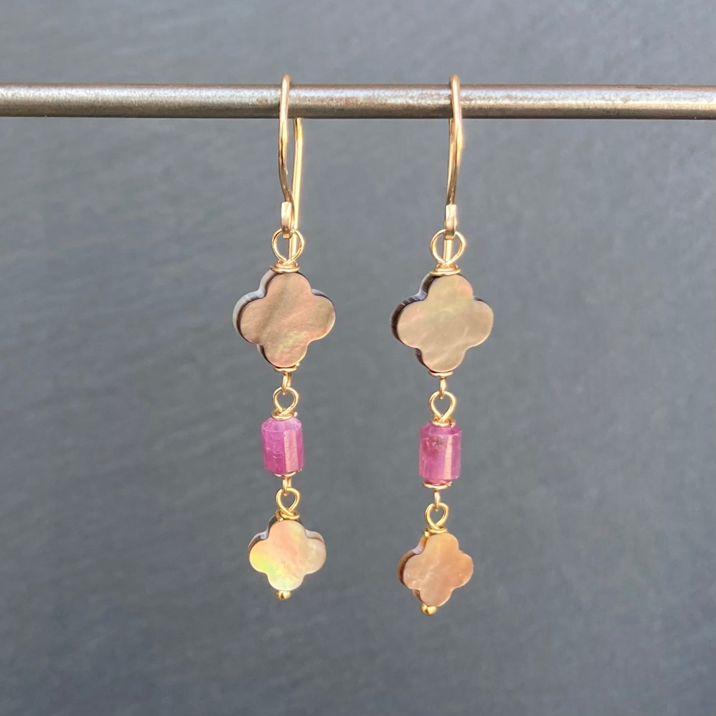 Black Mother of Pearl, Ruby & Gold Earrings