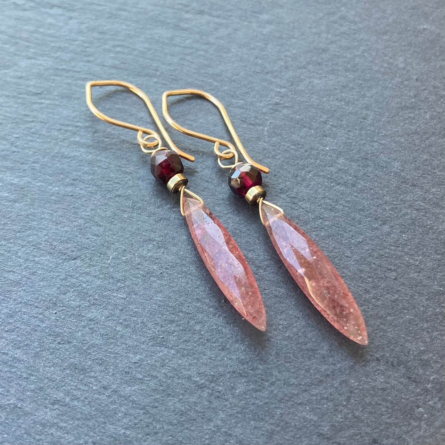 Strawberry Quartz, Rhodolite Garnet & Gold Earrings