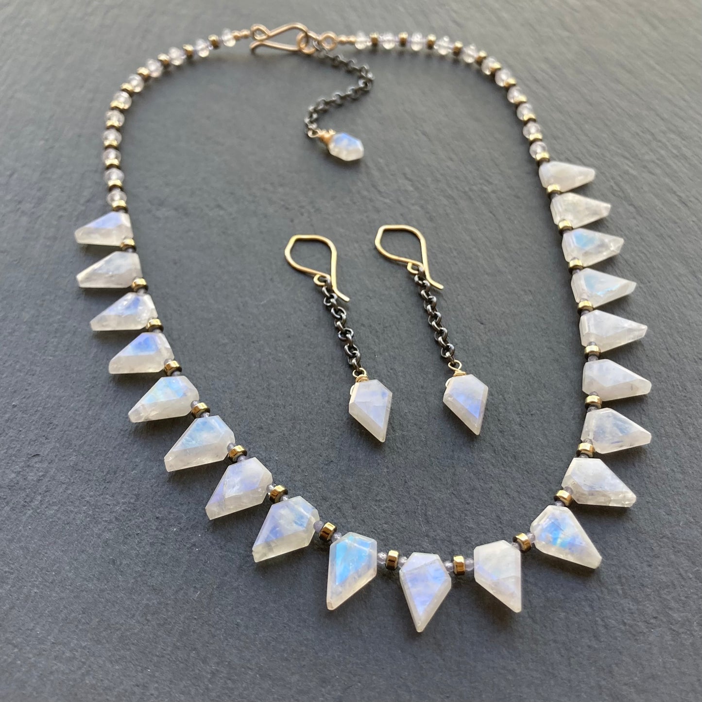 Rainbow Moonstone & Mixed Metal Arrowhead Earrings