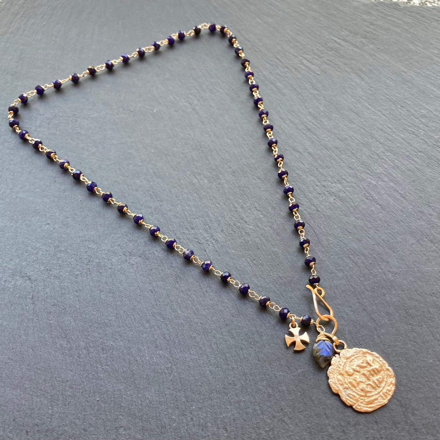 Sodalite, Gold & Bronze Medieval Coin Charm Necklace