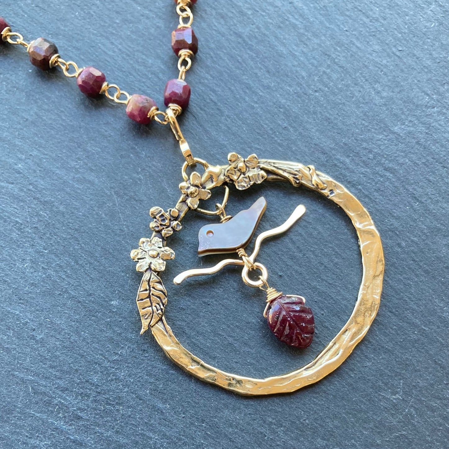 Natural Ruby, Black Mother of Pearl, Gold & Bronze Blossoming Plum Pendant Necklace