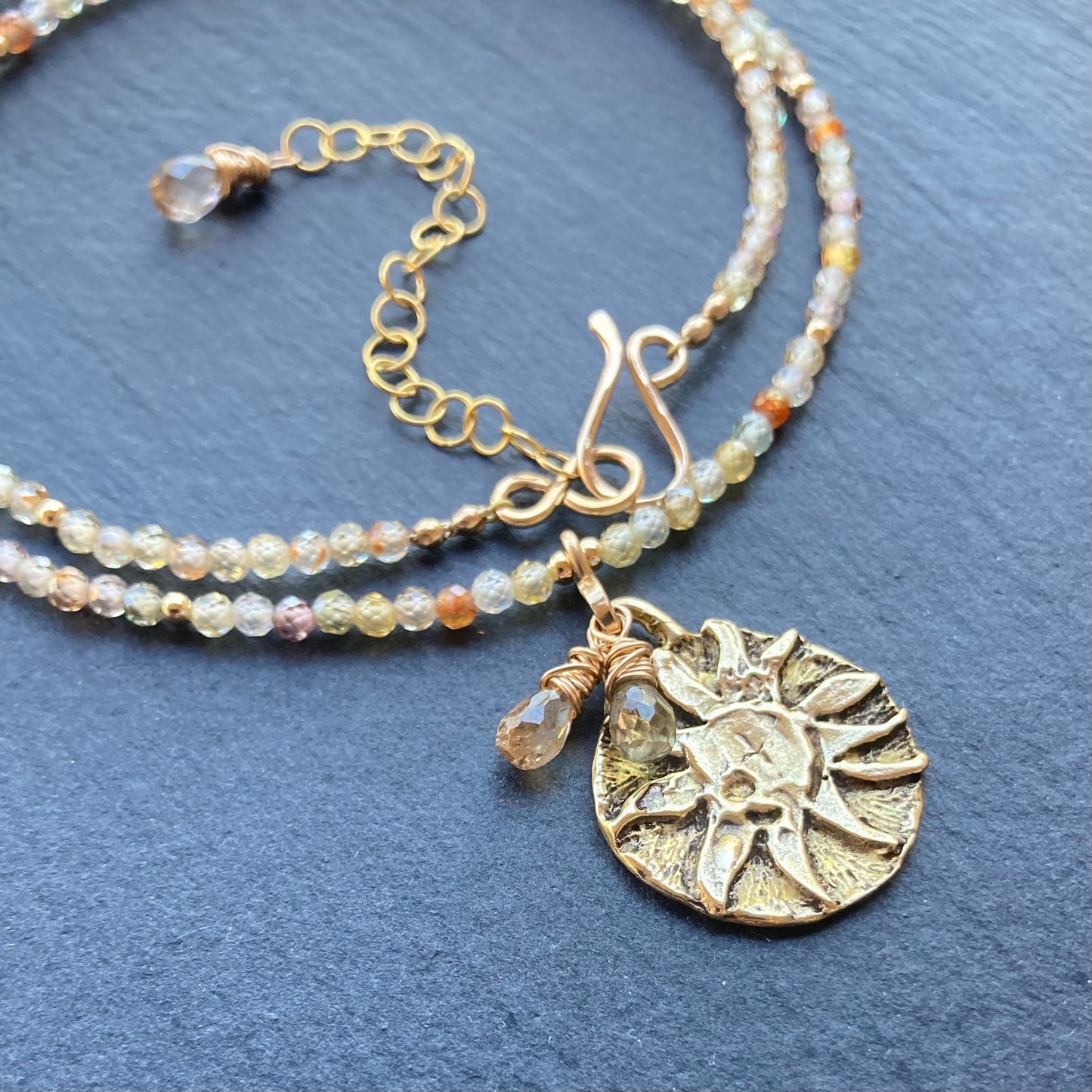 Natural Zircon, Gold & Bronze Sun Coin Choker