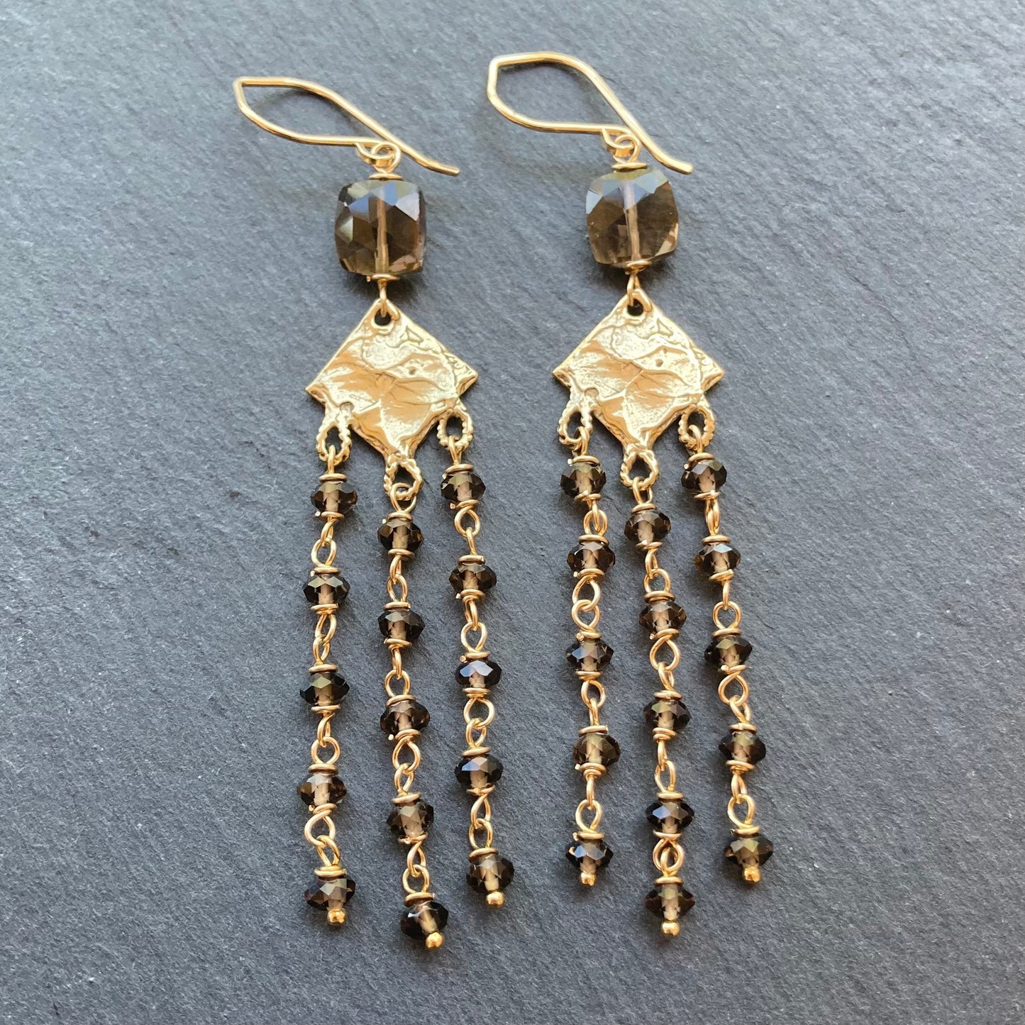 Smoky Quartz, Gold & Bronze Long Fringe Earrings