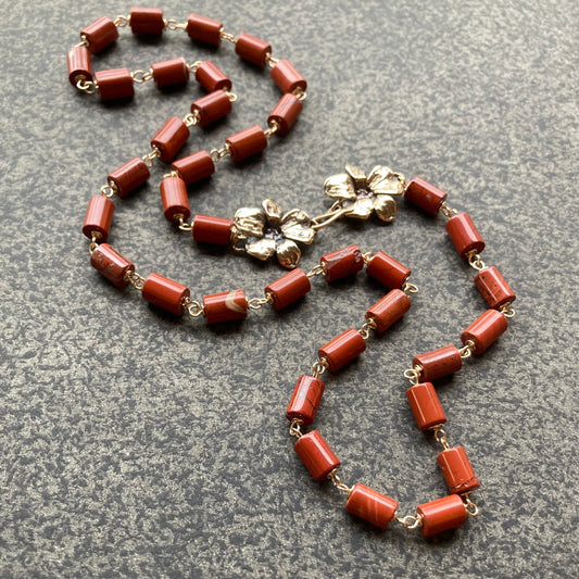 Red Jasper, Gold & Bronze Floral Clasp Necklace