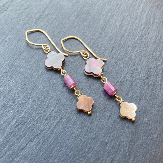 Black Mother of Pearl, Ruby & Gold Earrings