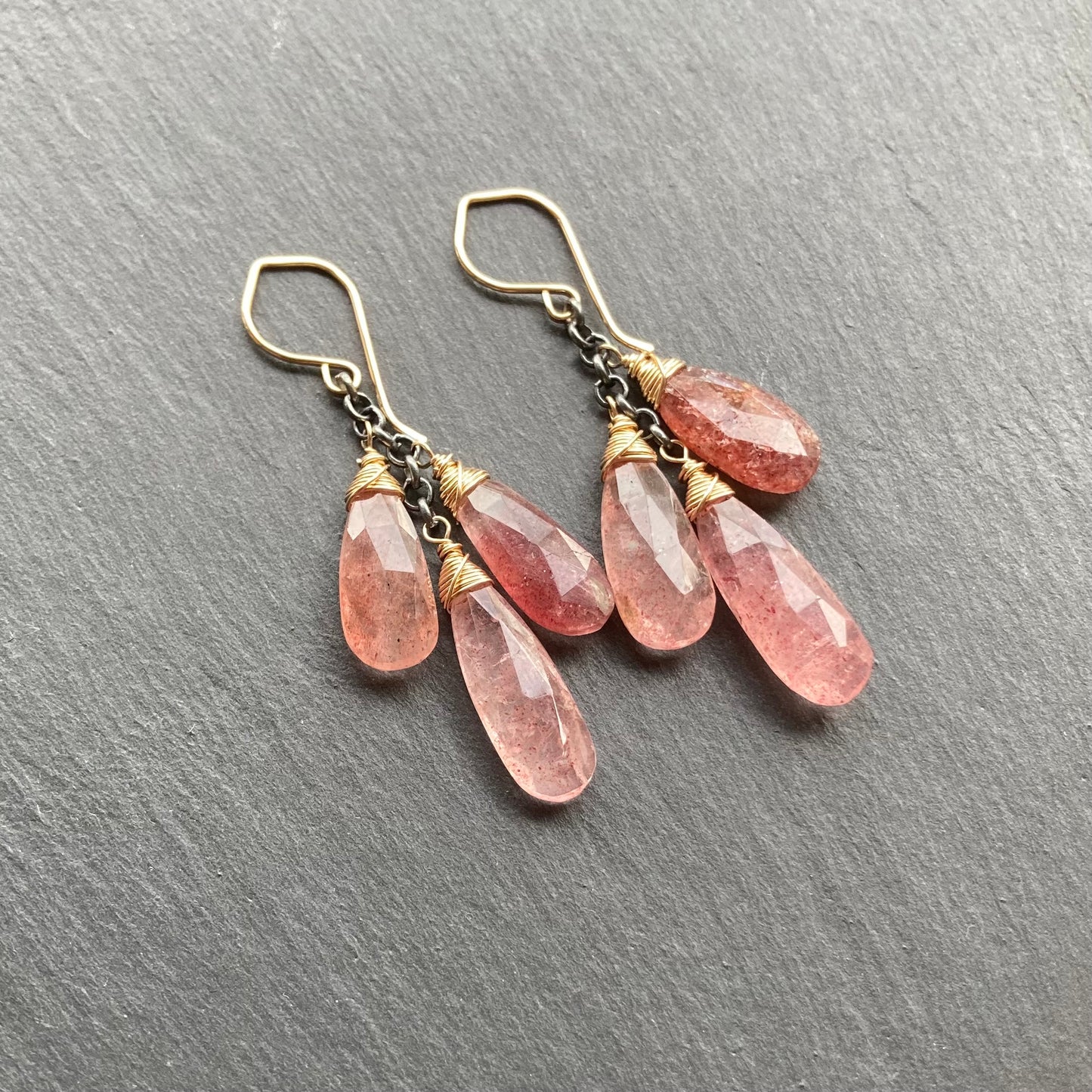 Strawberry Quartz & Mixed Metal Cascade Earrings