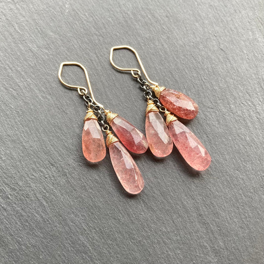 Strawberry Quartz & Mixed Metal Cascade Earrings
